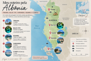 Tirana • Blue Eye • Saranda • Ksamil • Corfu - Riviera Albanesa Mapa do roteiro pela Riviera Albanesa passando por Tirana, Blue Eye, Ksamil, Saranda e Corfu.
